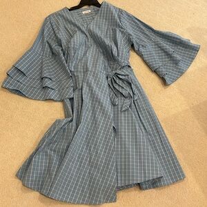 Calvin Klein Light Blue Gingham Wrap Dress with Bell Sleeves